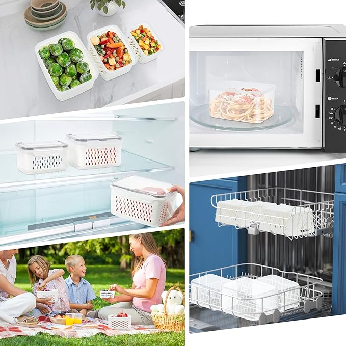 6 Pieces Large Fruit Produce Storage Containers for Fridge Keep Fresh, 3 PackLettuce Keeper with Colander, BPA-Free Plastic Berry Containers Vegetables Saver Refrigerator Organizer
