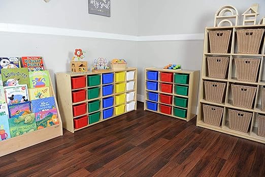 Contender 100% Birch Plywood 12-Cubby Storage Unit w/Colorful Tubs, Hardwood Cubby Organizer for Classroom, Cube Locker Shelf for Organizing Toys - RTA