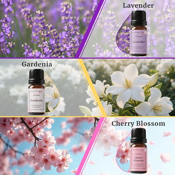 Floral Fragrance Oils, Aromtopia Flower Essential Oils for Diffusers for Home, 6x10ml, Fragrance Oil for Candle Soap Making, Lavender, Rose, Gardenia, Cherry Blossom, Jasmine, Neroli