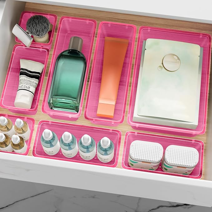 ElegantArray 12 PCS Drawer Organizer Set, 4 Sizes Tool Storage Trays, Clear Plastic Makeup Vanity Organizer and Storage Bins for Stationeries, Multiple Gadgets for Office, Bedroom, Pink