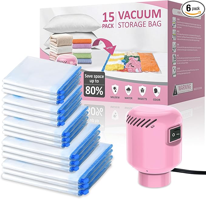 15 Pack Vacuum Storage Bags with Electric Pump, Travel (3 Jumbo, 3 Large, 3 Medium, 3 Small, 3 Roll Up Bags) Vacuum Seal Bags for Clothes, Bedding,Blankets,Space Saver Vacuum Storage Bags