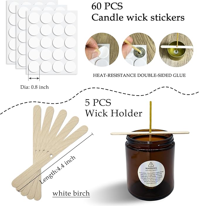 50 Pcs 8" Natural Candle Wicks,Pre-Waxed by Natural Beeswax & Tabbed with 60Pcs Candle Wick Stickers and 5 Pcs Wooden Candle Wick Centering Device, for Candle Making，Candle DIY