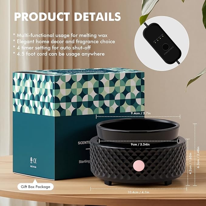 Wax Melt Warmer with Timer Ceramic 4-in-1 Candle Warmer with Auto Shut-Off for Scented Wax Melts, Candle Jars, Essential Oil, Coffee Cup Warmer Wax Burner Home Decor Fragrance Gifts for Women - Black