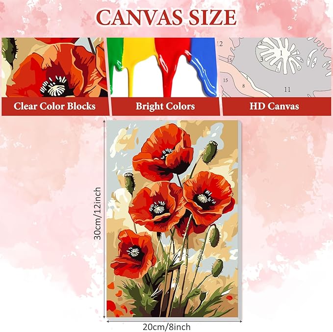 NAIMOER Poppy Flowers Paint by Numbers Kits for Adults Beginner with Wooden Framed, Color by Numbers on Canvas Painting Kits for Adults, Easy Paint DIY Acrylic for Home Wall Decor 8X12 Inch