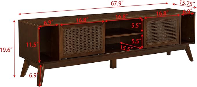 Amposei Mid Century Modern TV Stand Entertainment Center for 65/70/75 inch TVs, Sliding Rattan Door Wooden Console Storage Cabinet with Wood Legs for Living Room, Walnut