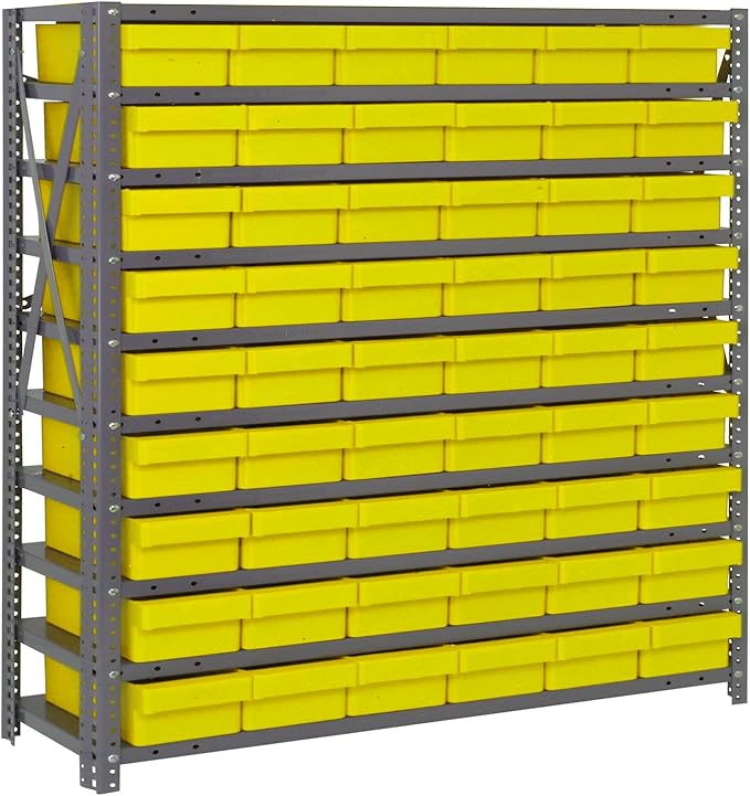 Quantum 1239-401YL Heavy Duty Shelving Unit with (7) Shelve and (36) Yellow Bins (QED601) for Garage Warehouse Storage Distribution | 400 lb Load Capacity | 12"D x 36"L x 39"H, Galvanized Carbon Steel