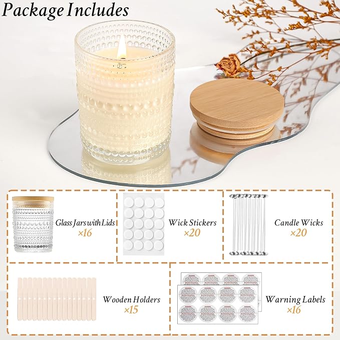 CONNOO 16 Pack 7 OZ Thick Pearl Glass Candle Jars for Making Candles with Airtight Bamboo Lids, Wicks & Stickers, for DIY Candle Making, Bulk Orders, Gifts & Home Décor, Clear