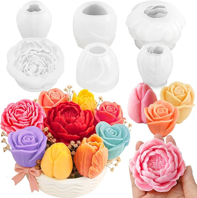 6 Pcs Flower Candle Molds, Different Flowering Peony/Rose/Tulips 3D Flower Silicone Molds for Candle Making, Handmade Soap, Epoxy Resin Casting Floral Home Decor, Wedding/Valentine/Mom Gifts