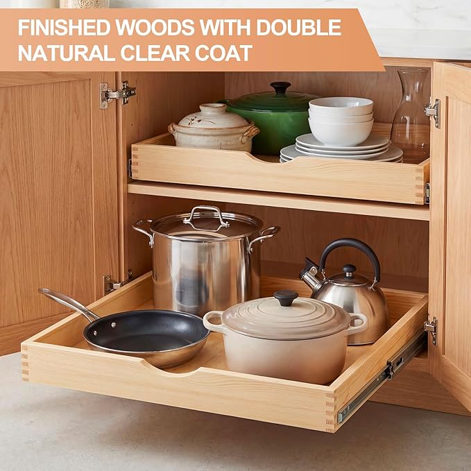 Menkxi 2 Set Wooden Pull out Cabinet Organizer Fully Assembled Slide out Pantry Drawer with Gentle Close Storage Shelf Tray for Base Kitchen Under Sink Bathroom Accessory(Wood Color,24'' X 21'' X 3'')