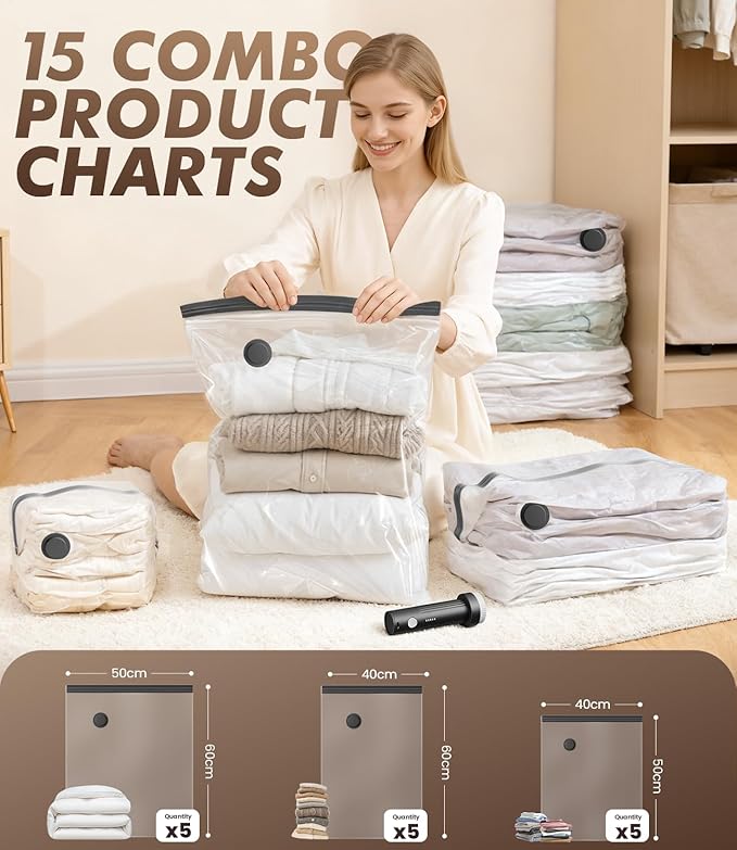vacuum seal bags for clothing with pump - for Travel, Moving, College & Home Storage, 15 Pack with Rechargeable Electric Pump, 5 Jumbo & 5 Large & 5 Medium