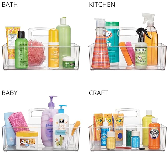mDesign Large Plastic Divided Portable Storage Organizer Caddy Tote Basket Bin with Handle for Kitchen, Pantry, Countertop, Cabinet, Cupboard - Ligne Collection - 2 Pack - Clear