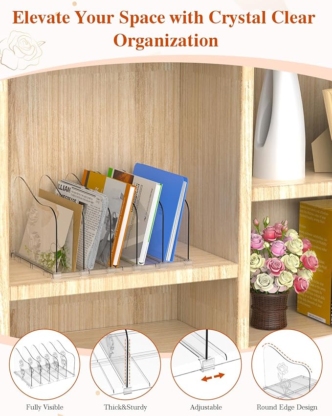 Adjustable Rose File Organizer for Desk, Vertical File Folder Holders for Magazines, Upright Desktop Binder Organizer, Clear Paper Bookshelf Divider File Sorter for School Office Supplies