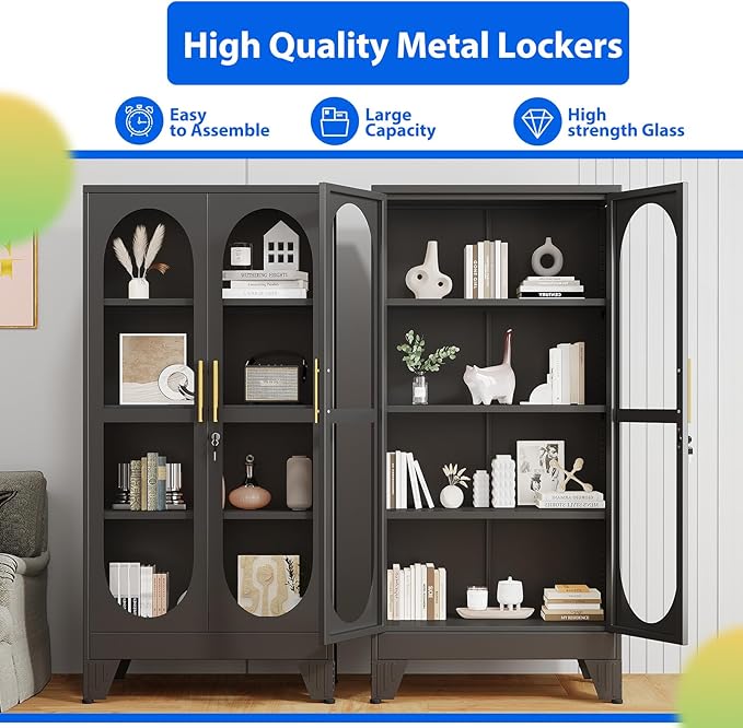 Ckzbx Glass Locker Metal Cabinets 61" H Locking Tool File Cabinets Snack Locker Organizer for School Classroom,Bedroom,Gym Home Office,Entryway and Hallwa (Black)
