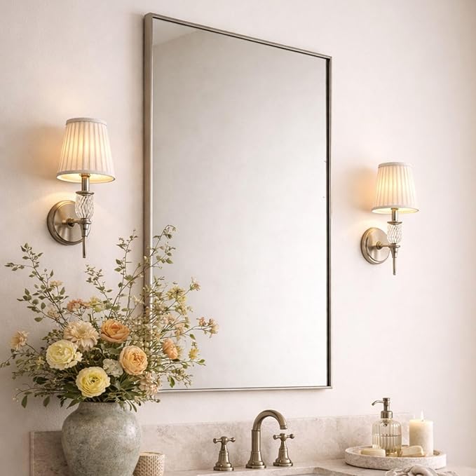 TEHOME Brushed Nickel Bathroom Vanity Mirror with Squared Corners, 24x40'' Silver Rectangle Stainless Steel Metal Framed Mirror for Bathroom
