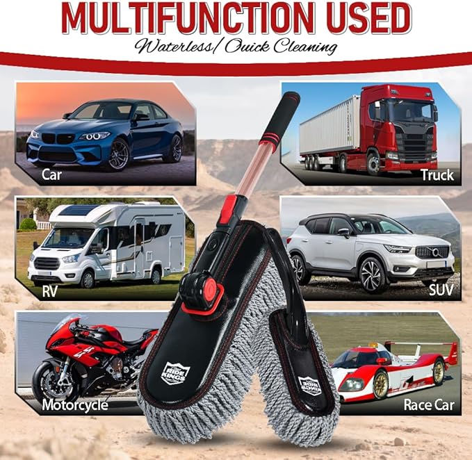 Car Duster Exterior Scratch Free with Extendable Handle, Microfiber Car Cleaning Brush for Dust Removal + Small Detailing Brush for Interior Care