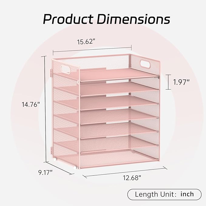 7 Tier Paper Organizer - Mesh Desktop File Holder with Handles for Office School Desk, Black (Pink)