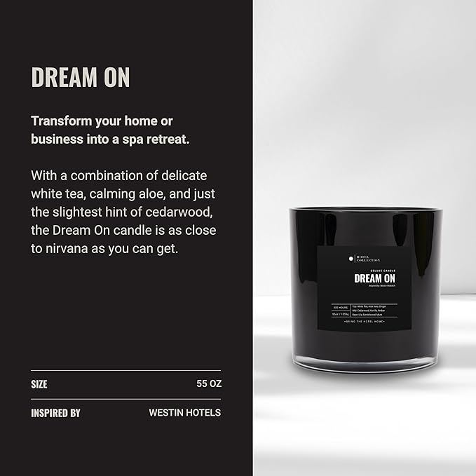 Dream On Deluxe Scented Candle, Luxury Hotel Inspired Big Candle with Hints of Fresh White Tea, Sweet Vanilla, and Earthy Cedar, Long Lasting 300 Hour Burn Time, 55oz Black