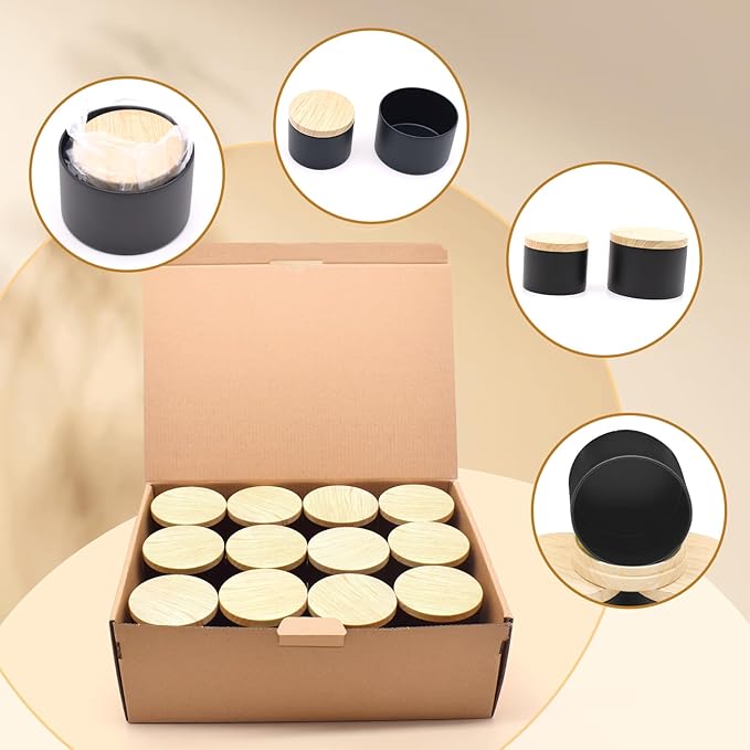 48-Pack Candle Jars, 24pcs 8oz + 24pcs 4oz Candle tins with Metal Wood-Grain Printing Lids, Empty Candle Jars for Making Candles Bulk Candle Containers-Black