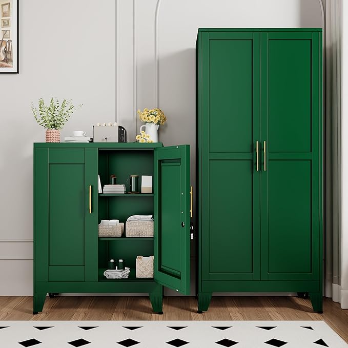 Green Metal Storage Cabinet, 36" Tall Locking Storage Cabinet with 2 Adjustable Shelves, Steel Locker Organizer, for Office, Home, School, 2PS