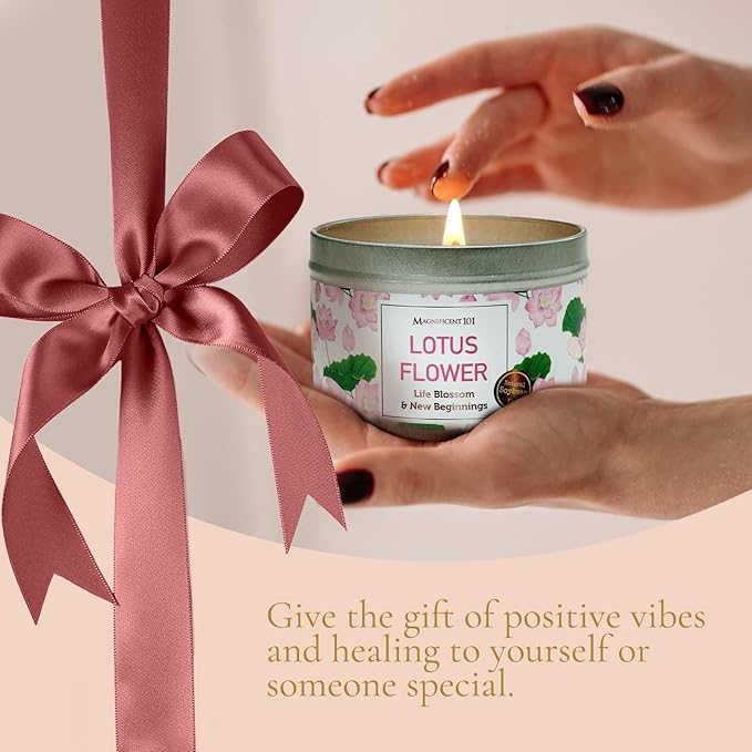 Magnificent 101 Long Lasting Lotus Flower Aromatherapy Candle - 6 Oz - 35 Hour Burn Time - ‎Sage & Bergamot Scented Soy Wax Smudge Candle for New Beginnings, Purification & Manifestation