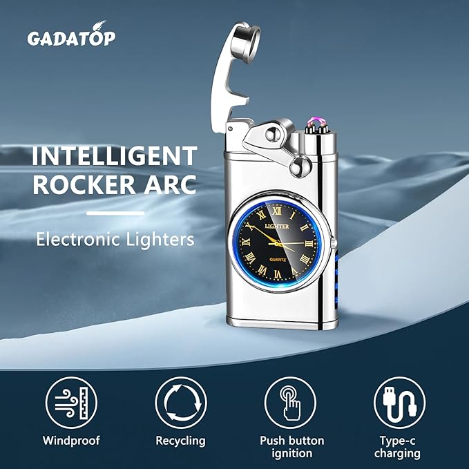 GADATOP Electric Lighter Rechargeable USB Lighter Flameless Windproof Lighters Personalized Creative Rocker Double Arc Plasma Lighters with Luminous Dial LED for Men and Women Gifts (Silver Ice)