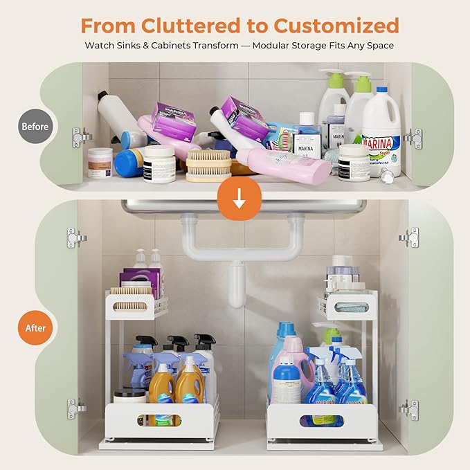 Delamu 2 Pack Metal Bathroom Organizers and Storage, 2 Tier Pull Out Under Sink Organizer with 2 Small Baskets, Adjustable Under Sink Shelf for Multipurpose Cabinet Organizer, White