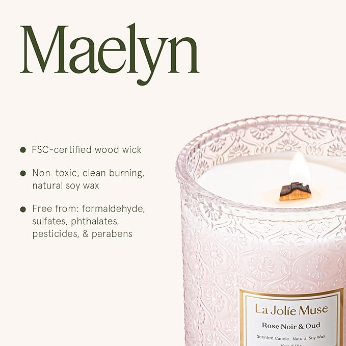 LA JOLIE MUSE Rose Noir & Oud Scented Candle – Lemon, Rose & Oud |19 oz Large Wooden Wick Candle | Natural Soy Wax | 90 Hours Clean Burn | Gift-Ready for Hosts & Gatherings | Elegant Home Décor