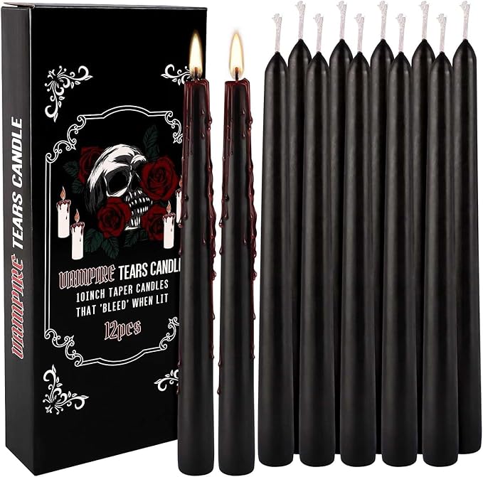 12PCS 10-Inch Black Bleeding Taper Candles,Vampire Tears Taper Candles- Unscented Candle Pack Ideal for Halloween, Christmas, Rituals, and Themed Party Decor.