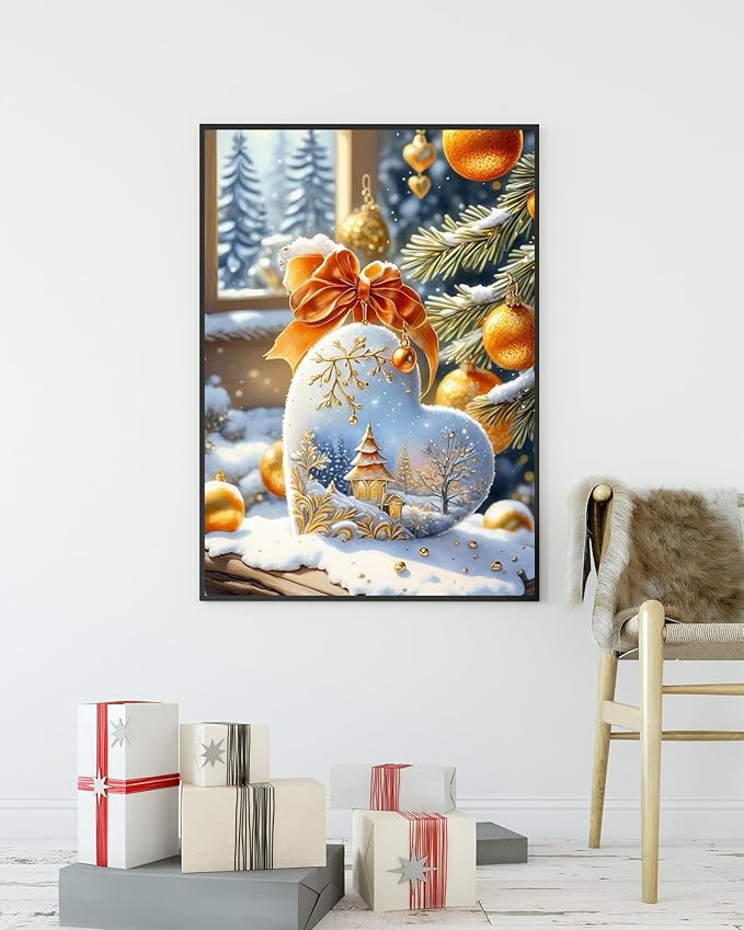 KINPLUB Christmas Diamond Art Kits for Adults Beginners, Christmas Winter Love Heart Diamond Painting Kits for Adults, DIY Full Drill Round Gem Art Dots for Home Wall Decor 12x16 Inch