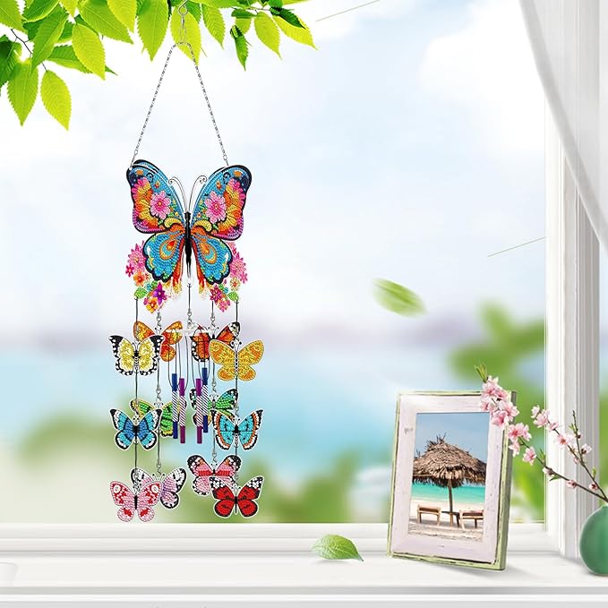 Butterfly Diamond Dots Wind Chimes DIY Kits 5D Diamond Art Painting Wind Chime Butterfly Hanging Ornaments Double Sided Special Shaped Gem by Number Stitch Wind Chime Pendant for Yard Tree Home Decor