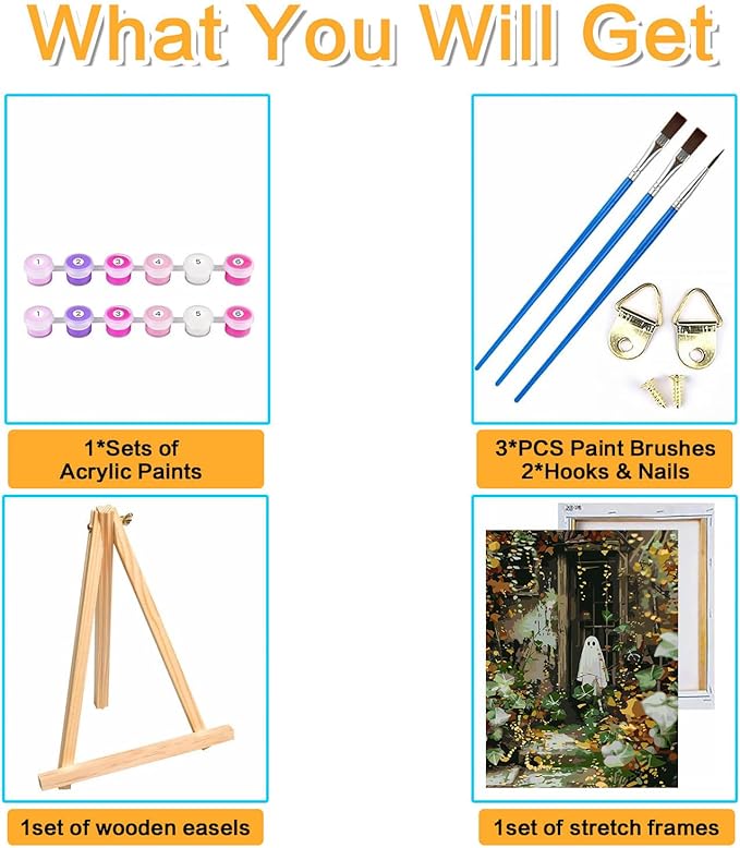 Meothan Framed Paint by Numbers Kits for Adults, Halloween Paint by Number for Adults Beginners, Paint by Numbers Kits on Canvas with Framed and Easel for Home Wall Decor 11.8x15.7inch (Ghost)