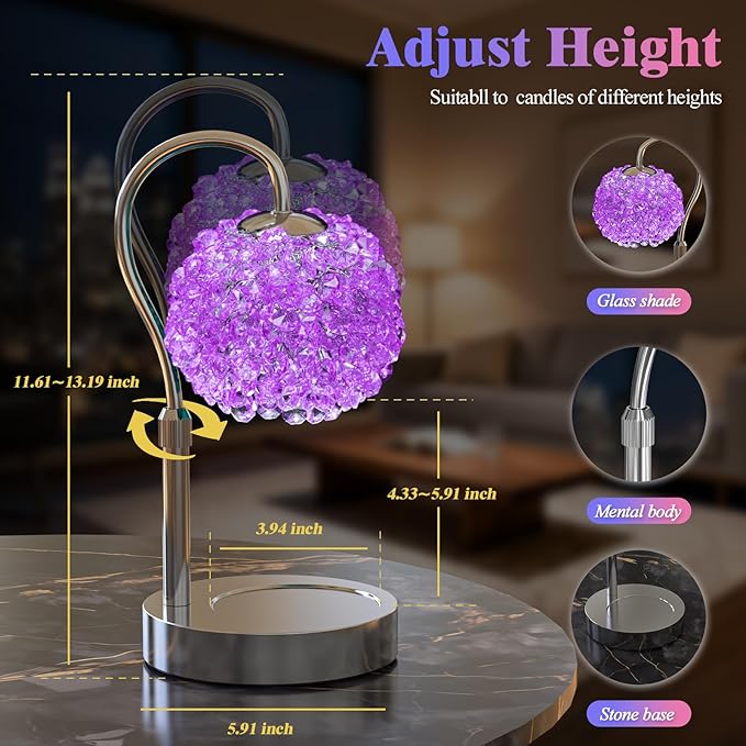 Luxury Candle Warmer Lamp with Timer & Dimmable Brightness, Crystal Gemstone Shade & Premium Base - Adjustable Wax Melt Warmer for Home Decor (Purple)