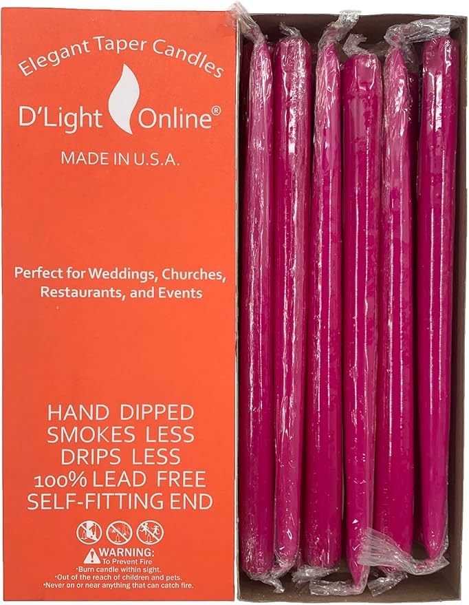 D'light Online Premium Quality Elegant 10" Berry Hot Pink - Fuchsia Taper Candles, Unscented, Hand-Dipped Tapered, Dripless and Smokeless - Set of 12 Individually Wrapped (10 Inch, Berry)