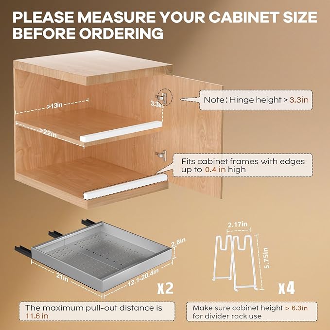 Seinloes 2 Pack Pull out Cabinet Organizer 21"Deep With Raising Pad for Framed Cabinets, Expandable Slide out Drawers for Kitchen Cabinets with 4pcs Divider Racks,Roll out Shelves 12.1"-20.4" W Silver