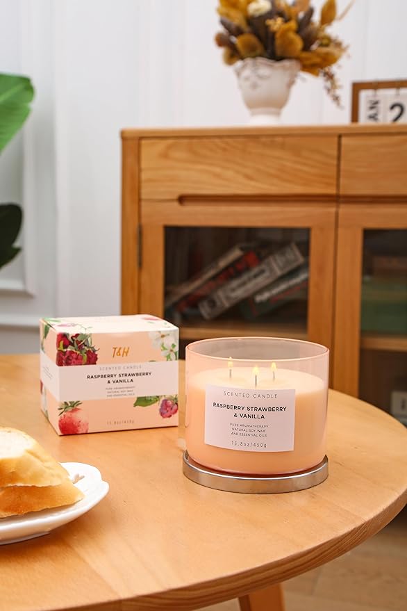 Raspberry Strawberry Vanilla 3-Wick Scented Soy Candle 15.8 oz | Large Sweet Berry Vanilla Scented Candle for Home | Relaxing Aromatherapy Candle | Strong Throw & Long Lasting