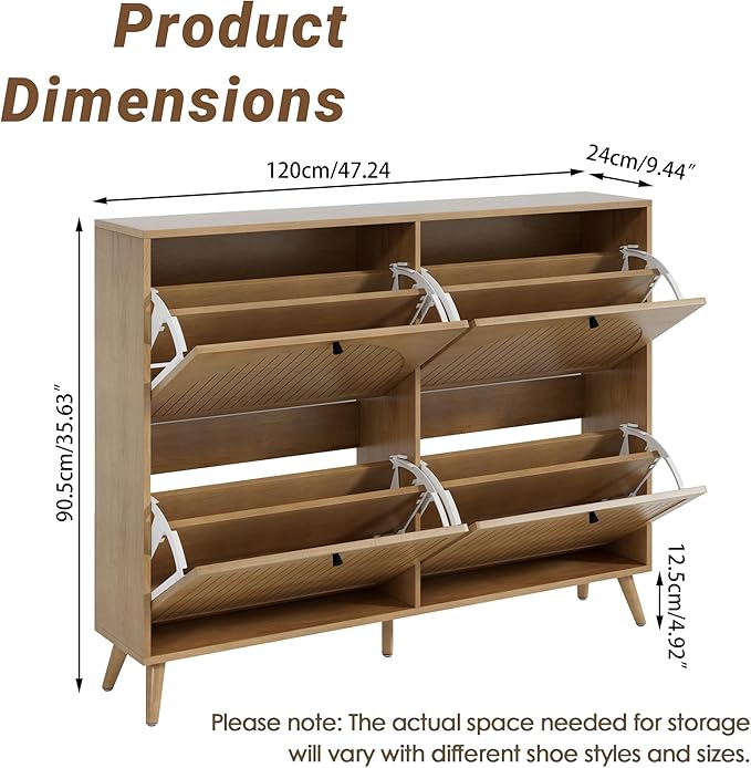 Fsbecl Shoe Storage Cabinet for Entryway with 4 Flip Drawers, Narrow Shoe Organizer with Fluted Panel, Freestanding Wood Hidden Shoe Cabinet (Wood Color, 4 Flip Drawers)
