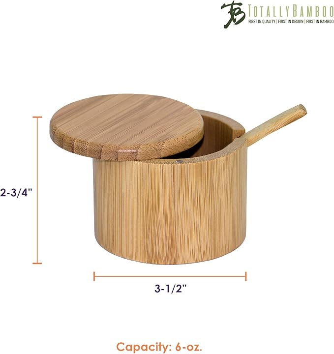 Totally Bamboo Little Dipper Salt Cellar Bamboo Storage Box with Magnetic Swivel Lid, 6 Ounce Capacity, Includes Salt Spoon