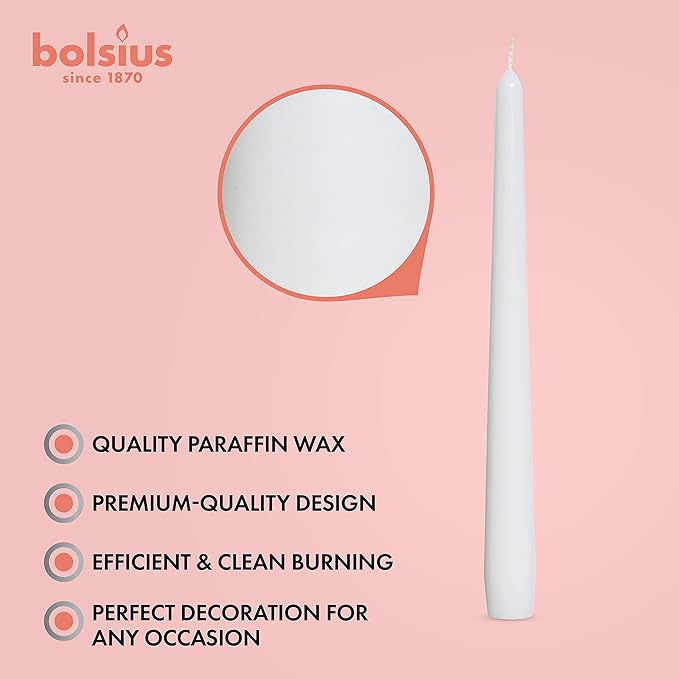 BOLSIUS Long Household White Taper Candles - 10-inch Unscented Premium Quality Wax - 8 Hours Long Burning Dripless Candles Bulk Pack of 30 for Home Decor, Wedding, Parties and Special Occasions