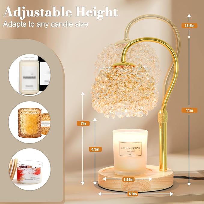 Hisummer Candle Warmer Lamp with Timer, Dimmable Candle Lamp Warmer with 312 K9 Crystals Adjustable Height Electric Candle Warmer for Women Gifts, Wax Warmer Lamp with 2 Bulbs for Jar Candles