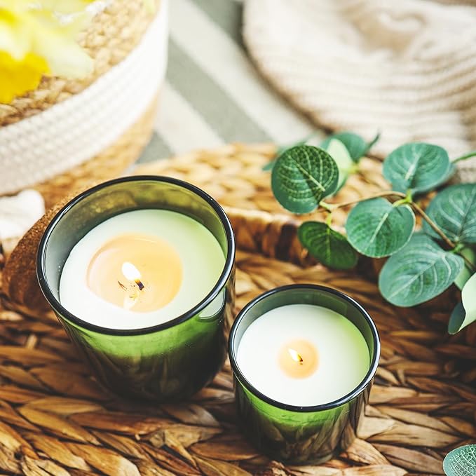 SHOWIN 14 OZ Thick Candle Jars for Making Candles 12 Pcs, 3 Wick Empty Jars with Wood Lids for Candle Making, Sample Container,Clear Green