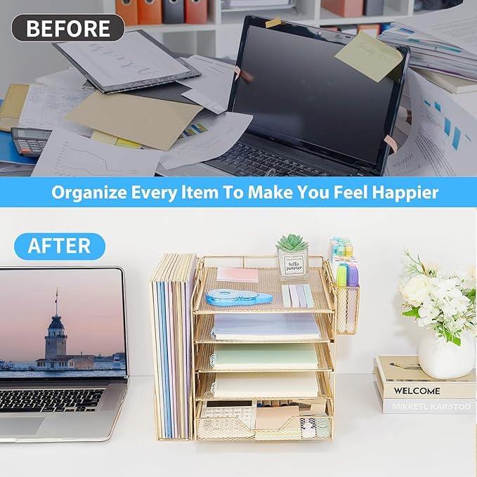 Desk Organizer, 5-Tier Paper Letter Tray Organizer with File Holder, Drawer and Pen Holder, Desktop Organizer for Office Supplies, Gold