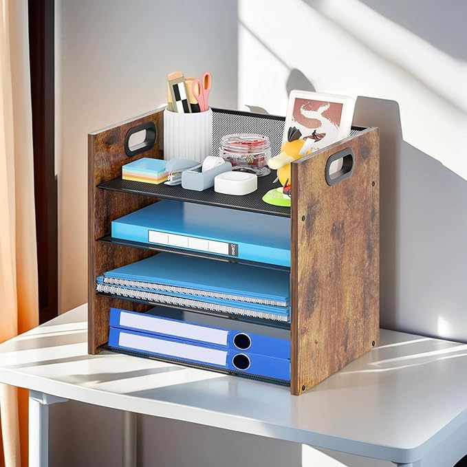Wood Desk Organizer - 4-Tier Desktop File Organizer, Wooden Paper Organizer, Office Desk Organization for Accessories, Papers, Mail, Notebooks, Stationery