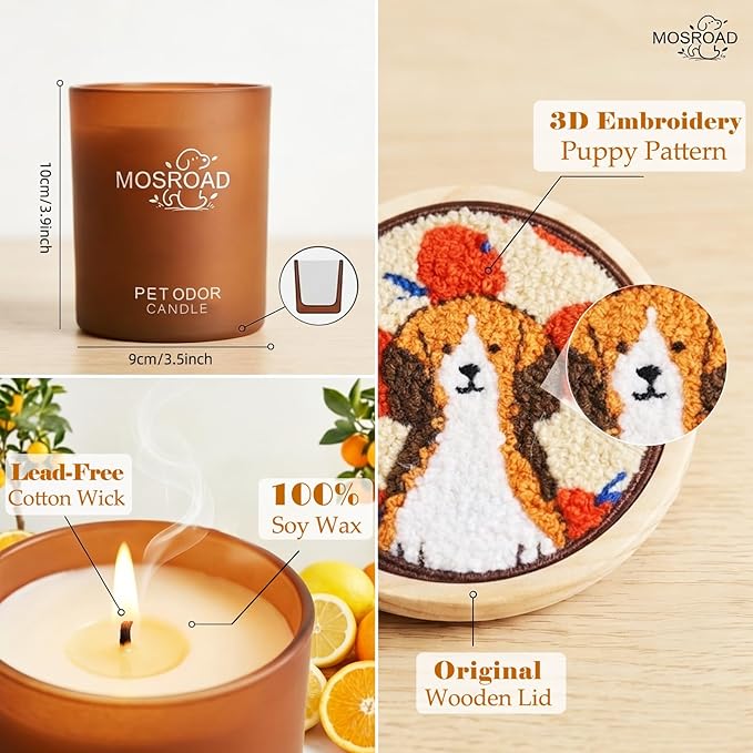 Pet Odor Eliminator Candle – Fresh Citrus, 60-Hour Long Burn Time, Plant Based Pet Safe Soy Wax Candles for Home Scented, Cat & Dog Friendly Odor Eliminating Candle Gift