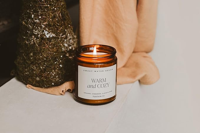 Sweet Water Decor Warm and Cozy Soy Candle - Orange Peel, Cinnamon, Ginger and Clove Scented Candles for Home - 9oz Amber Jar + Black Lid, 40+ Hour Burn Time, Made in The USA