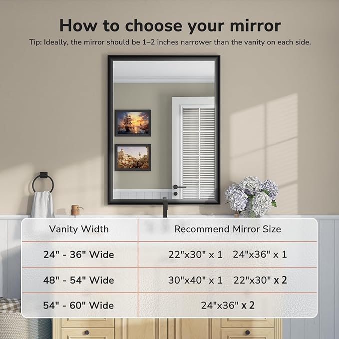 USHOWER Black Bathroom Mirrors for Over Sink 30x40 Inch, Metal Framed Rectangle Vanity Mirror for Wall, Bedroom, Living Room, Entryway, Farmhouse, Anti-Rust, HD Tempered Glass, Horizontal/Vertical