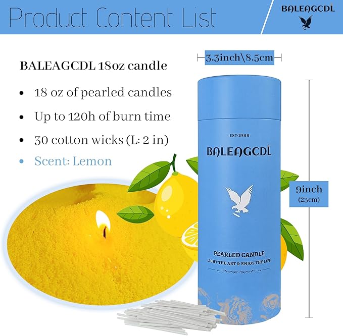 Azure Whisper Pearled Candle – 18oz Zesty Lemon Scented Sand Candles with 30 Wicks | Refillable Yellow Wax Long-Lasting Powder 120 Hours for Kitchen & Home Freshening