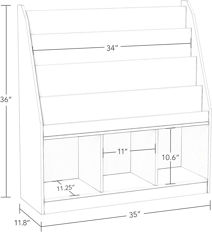 RiverRidge Kids Bookrack with Three Cubbies and 2 Gray Bins