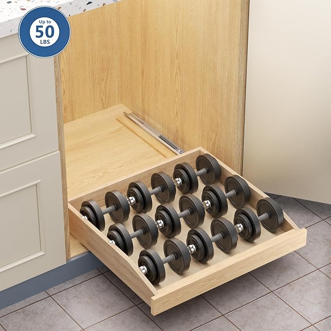 ROOMTEC Pull Out Cabinet Organizer with Soft Close, 13-1/2" W x 21" D, Pull Out Cabinet Drawer for Kitchen cabinets, Pull Out Cabinet Shelf, Finished, Bottom Assembly
