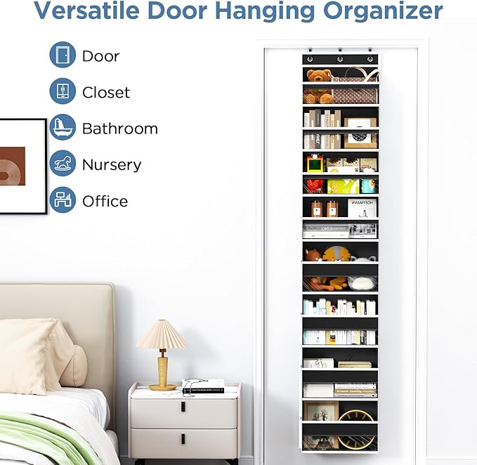 Mefirt Over The Door Organizer, 8 Shelf Door Hanging Organizers with 8 Large Capacity Pockets, Back of Door Organizer Storage Hanging Shelves for Closet Bathroom Bedroom Nursery