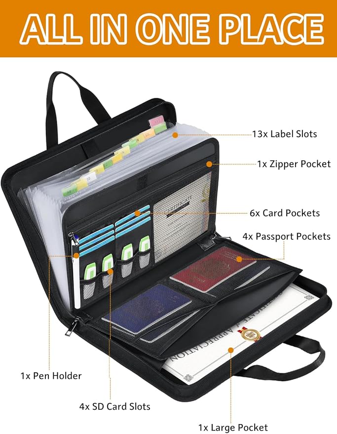 onvvippiv Important Document Organizer Folio Accordion File Organizer Fireproof Expanding File Folder Storage Box with Zipper Labels 13 Pockets for Business Office Receipt Travel